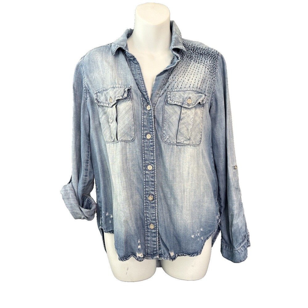 Cloth & Stone Chambray Button Up Shirt Sz XS Blue Tencel Faded Distressed Hi-Low